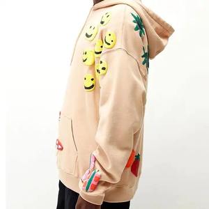 Sweat à capuche oversize pour homme avec appliqué Smiley et champignon, motif dessin animé, style streetwear décontracté, 100% coton, impression en relief - Product Image 4