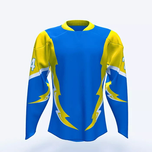 เสื้อฮอกกี้น้ำแข็งผู้ชายแบบสั่งทำ สีน้ำเงินเหลือง พิมพ์ลายแบบซับลิเมชั่น แขนยาว ระบายเหงื่อได้ดี ผลิตจากโพลีเอสเตอร์ คอกลม ทรงปกติ - Product Image 1