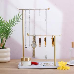 Dual Tier Jewelry Display Stand With Elevated Bars <b>Watch</b> Holder Tray Anti Tangle Necklace Organizer Space Saving Vanity Storage - Product Image 1