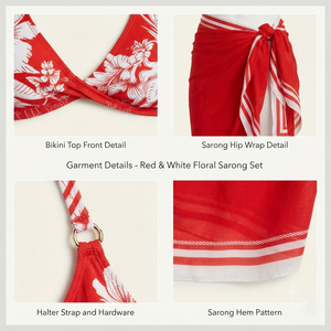 Conjunto de Bikini Rojo con Estampado Floral para Mujer, Corte Alto, Falda Asimétrica Cruzada al Frente, Logotipo, Secado Rápido, Ecológico, Spandex, Poliéster, Traje de Baño - Product Image 4