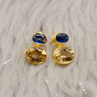Boucles d'oreilles clous en argent sterling 925 avec citrine et kynite - Pierre précieuse ronde facettée, bijoux minimalistes