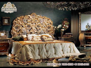 Cama de madera de teca de estilo francés con taburetes laterales, cama tallada a mano de estilo europeo con mesa lateral, muebles de dormitorio con acabado dorado - Product Image 5