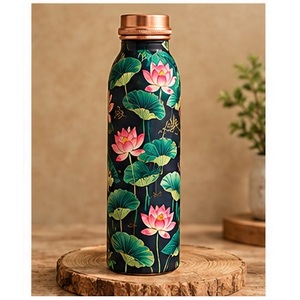 Artistic Lotus Flower Pattern Copper <b>Water</b> <b>Bottle</b> With Copper Lid Portable Travel <b>Metal</b> Drinkware Floral Design Style - Product Image 1