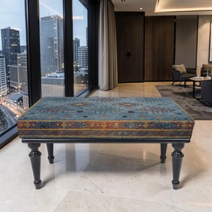 Bohemian Square Wooden <b>Pouf</b> With Abstract Geometric Pattern Upholstery For Bedroom Decor - Product Image 4