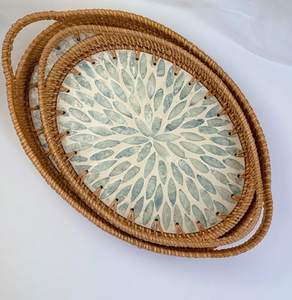 Plateau en rotin et nacre pour café et thé, organisateur de rangement pour mariages et fêtes, plateau en nacre et rotin - Product Image 2