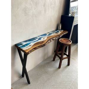 Ocean Wave <b>Epoxy</b> Resin & Wood Live Edge Modern Console <b>Table</b> with Tabletop Installation for Housewarming Home Decor - Product Image 5