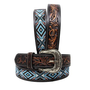 Cinturón Reversible de Cuero Vacuno con Patrón Geométrico de Cuentas y Hebilla Plateada Estilo Western, Cuero Pintado de Estilo Étnico - Product Image 2
