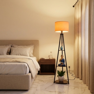 AH CREATIONS Industrial Modern Tripod Floor <b>Lamp</b> Wooden <b>Shelves</b> Metal Frame Customizable Color Warm Light Shade Wedding - Product Image 3