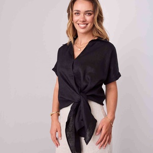 Trendy Summer 100% Linen <b>Women's</b> <b>Shirt</b> Turn-down Collar <b>Loose</b> Fit Casual Solid Color Short Embroidery High Street Style <b>Women</b> - Product Image 4