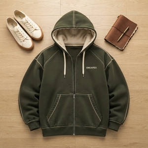 Custom Olive Green Full Zip <b>Hoodie</b> Contrast <b>Stitching</b> <b>Oversized</b> Streetwear Hooded Sweatshirt - Product Image 4
