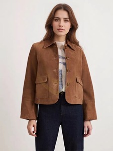 เสื้อแจ็คเก็ตหนังกลับสไตล์วินเทจสำหรับผู้หญิงแฟชั่นฤดูใบไม้ร่วง  ปกคอพับ แขนยาว - Product Image 6