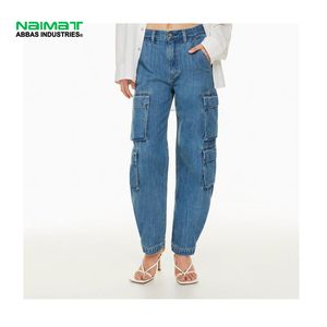 Pantalones de mezclilla cargo cónicos con bolsillos laterales, corte Mom, tiro medio, estilo utilitario, ropa de trabajo, índigo - Product Image 1