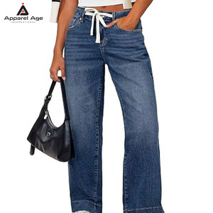 Jeans pour femmes, pantalon classique vintage à taille haute, bleu, jambe large, décontracté, été, jeans pour femmes - Product Image 1