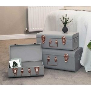 Boîte de rangement carrée en fer avec couvercle à charnières, design industriel, grise, empilable, coffre utilitaire, coffre de chevet, capacité 3-6L - Product Image 1