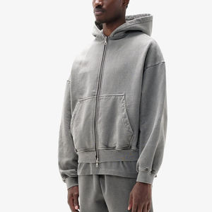 Sudadera con Capucha Ligera Gris Claro para Hombre con Cierre y Bolsillos Delanteros, Corte Holgado, Estilo Casual, Lavado Vintage, Diseño Personalizado - Product Image 5
