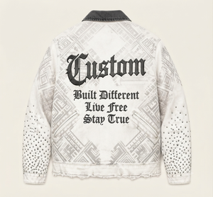 Custom <b>Men</b> <b>White</b> Denim <b>Jacket</b> Vintage Washed Streetwear <b>Jacket</b> With Rhinestone Graphic Zip Up Outerwear Distressed Fashion - Product Image 2