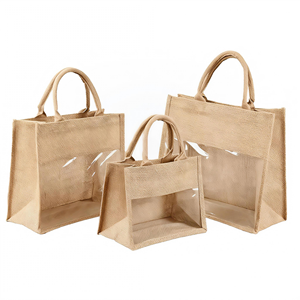 Sac fourre-tout en jute naturel en gros avec fenêtre transparente en PVC, réutilisable, trois tailles, logo personnalisé OEM, poignée en corde - Product Image 1