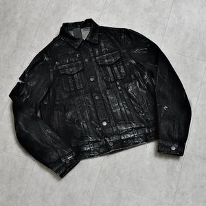 Veste en jean noire cirée pour homme, col rabattu, fermeture boutonnée, manches classiques, couleur unie, tenue décontractée d'automne - Product Image 2