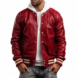 <b>Men's</b> <b>White</b> PU Windproof Varsity <b>Jacket</b> Regular Fit Stand Collar Single Button Closure Front Logo Autumn Casual Wear - Product Image 6