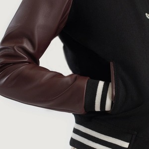 Black Varsity <b>Jacket</b> With Brown Faux Leather Sleeves Stand Collar Button Closure Autumn Wear <b>Women's</b> <b>Jacket</b> - Product Image 3