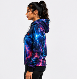 Sudadera con Capucha para Mujer, Estampado de Rayos por Sublimación, Azul y Rosa, Tejido de Poliéster, Prenda Otoñal Transpirable, Puños Acanalados Negros Sólidos - Product Image 4