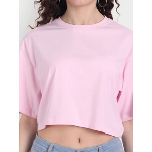 เสื้อครอปแขนสั้นคอกลมสีชมพูสำหรับผู้หญิง ผ้าฝ้ายเจอร์ซีย์ 100% ทรงหลวม สวมใส่สบาย สีพื้น สำหรับฤดูใบไม้ผลิและฤดูร้อน - Product Image 5