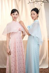 Robe Ao Dai moderne en brocart de soie pour femmes vietnamiennes - Superposition d'épaules en mousseline transparente avec motif de roses KAD27 - Product Image 6