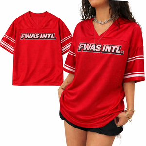 Maillot de football américain rouge pour femme en gros, personnalisé, en polyester respirant, style streetwear, col en V, OEM - Product Image 3