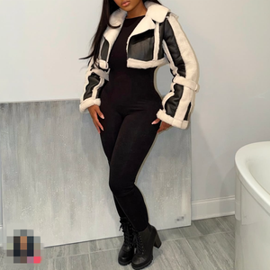 Veste de moto courte en cuir PU pour femme, style streetwear patchwork avec fourrure, style bomber court, manteau à manches longues - Product Image 1