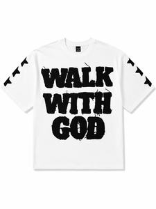 T-shirt blanc oversize pour homme, motif brodé « Walk With God », imprimé graphique, coton épais, épaules tombantes, style streetwear - Product Image 1