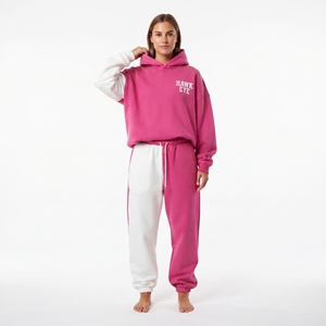 Ensemble sweat à capuche et jogging color block pour femme, rose et blanc, en molleton de coton, coupe décontractée, manches longues, deux pièces - Product Image 3