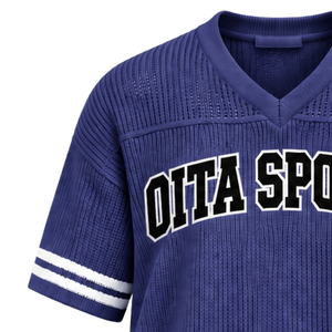 T-shirt de sport rayé à col en V en jersey tricoté sur mesure bleu indigo, respirant, coupe oversize, décontracté, pour équipe sportive - Product Image 6