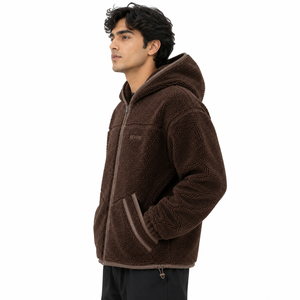 Custom <b>Mens</b> Chocolate Brown <b>Sherpa</b> <b>Fleece</b> Full Zip Hoodie Warm Winter Jacket OEM Clothing Manufacturer - Product Image 2