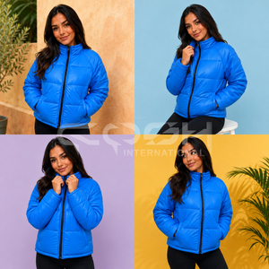 Cosh International <b>Men</b> Women Blue Quilted Puffer <b>Jacket</b> Stand Collar Full Sleeve Winter Wear Street Wear <b>Reflective</b> <b>Jacket</b> - Product Image 4