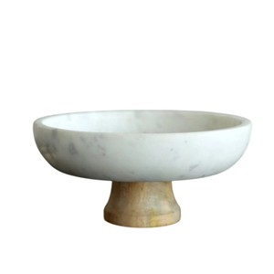 Bol à fruits en marbre blanc de qualité supérieure avec piétement en bois, bol décoratif en pierre pour comptoir de cuisine et table à manger - Product Image 1