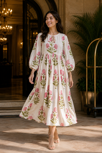 Floral Printed 100% Cotton <b>Kaftan</b> Dress Women Summer Casual Boho Maxi Short Sleeve <b>Beach</b> Wear Loose Fit Natural Waist Front Logo - Product Image 5