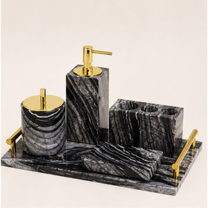 Ensemble d'accessoires de salle de bain en marbre noir naturel au design moderne avec accents en laiton doré, distributeur de savon, porte-brosse à dents, porte-savon - Product Image 5