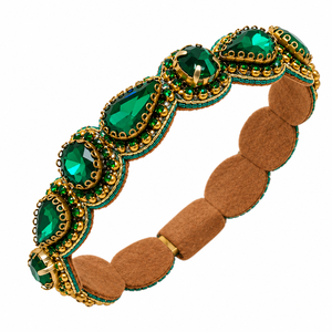 Handcrafted Beaded Embroidered <b>Headband</b> with Emerald Green Rhinestones <b>Gold</b> Beadwork Elegant Fashion Hair Accessory - Product Image 1