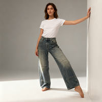 Celana Jeans Denim Wanita High Waist Straight-leg Skinny Stonewashed Kasual Panjang Warna Solid Bahan Katun Bernapas Motif Leopard Slit