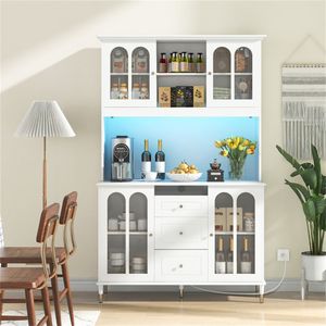 Armadio Dispensa da Cucina in Legno Massello da 73 Pollici Bianco con Luci LED Personalizzabili e Stazione di Ricarica Integrata (USB/Type C/Prese AC) - Product Image 3