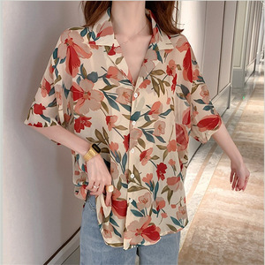 Blusa de Poliéster Transpirable para Mujer, Estampado Floral, Manga Larga, Cuello con Botones, Corte Recto, para Todas las Temporadas - Product Image 6
