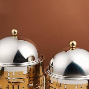 Plat de service élégant en acier inoxydable doré découpé au laser, chauffe-plat rond avec couvercle en dôme, style arabesque de luxe - Product Image 4