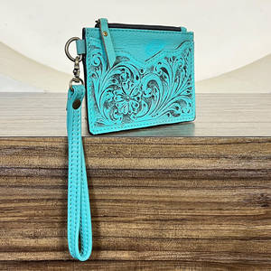 Western Style Tooled Genuine Leather Mini Zipper <b>Wallet</b> Floral Carving Coin & ATM <b>Card</b> <b>Holder</b> Wristlet Clutches For Everyday Use - Product Image 3