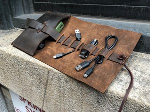 Eco Friendly Tanned Leather <b>Cable</b> Organizer Sustainable Cord Holder Wire Management Travel Tech Pouch Factory LCO-0094 - Product Image 4