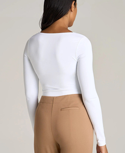 Combinaison de yoga moulante à manches longues et col rond pour femme, avec manches bouffantes, taille haute, respirante, style streetwear, qualité supérieure, vente en gros - Product Image 4