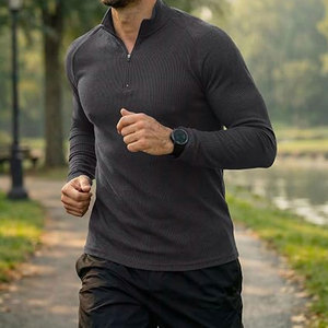 T-shirts de sport pour hommes à col zippé, coupe musclée, côtelés, à manches longues, ajustés, respirants et anti-humidité - Product Image 4