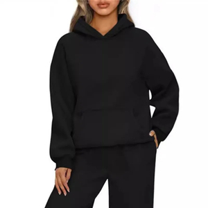Sweat-shirt à capuche noir uni pour femme avec poche kangourou, manches longues, hauts d'automne - Product Image 1
