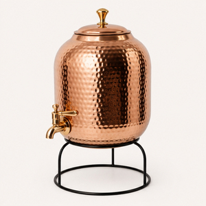Distributeur d'eau artisanal en cuivre pur, pot de stockage d'eau en cuivre martelé ayurvédique avec robinet anti-fuite et support métallique - Product Image 3