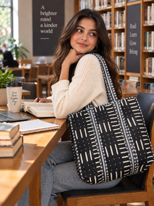 <b>Black</b> Geometric <b>Tote</b> <b>Bag</b> | <b>Quilted</b> Cotton Shoulder Shopping <b>Bag</b> | Handmade <b>Tote</b> <b>Bag</b> For Shopping, Travel, Beach <b>Bag</b> For Women's - Product Image 1