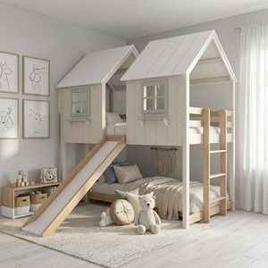 Modern White Wooden Twin Bunk <b>Bed</b> with Pink Roof and <b>Slide</b> for Kids - Product Image 1
